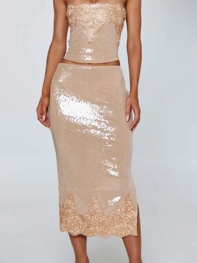 Sequin Embellished Midi Skirt and Corset top in Champagne